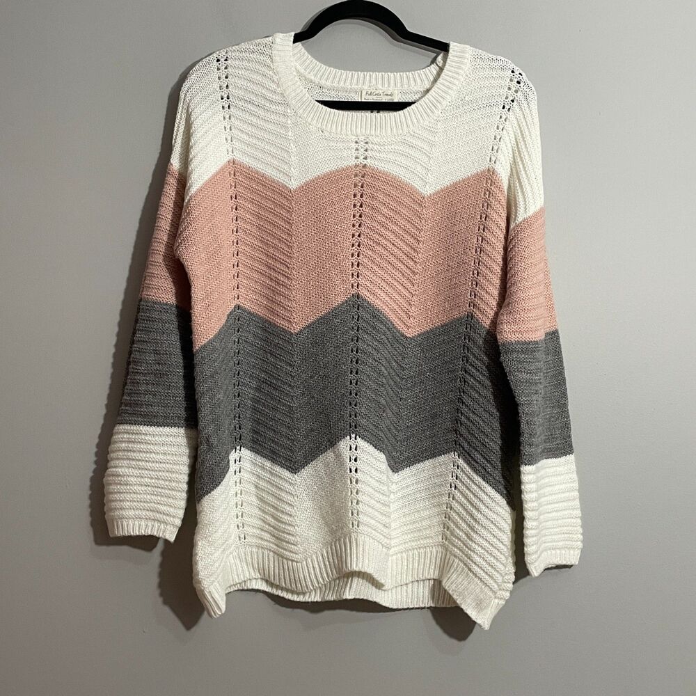 Full Circle Trends Women’s Soft Neutral Chevron Knit Sweater White Mauve Gray XL